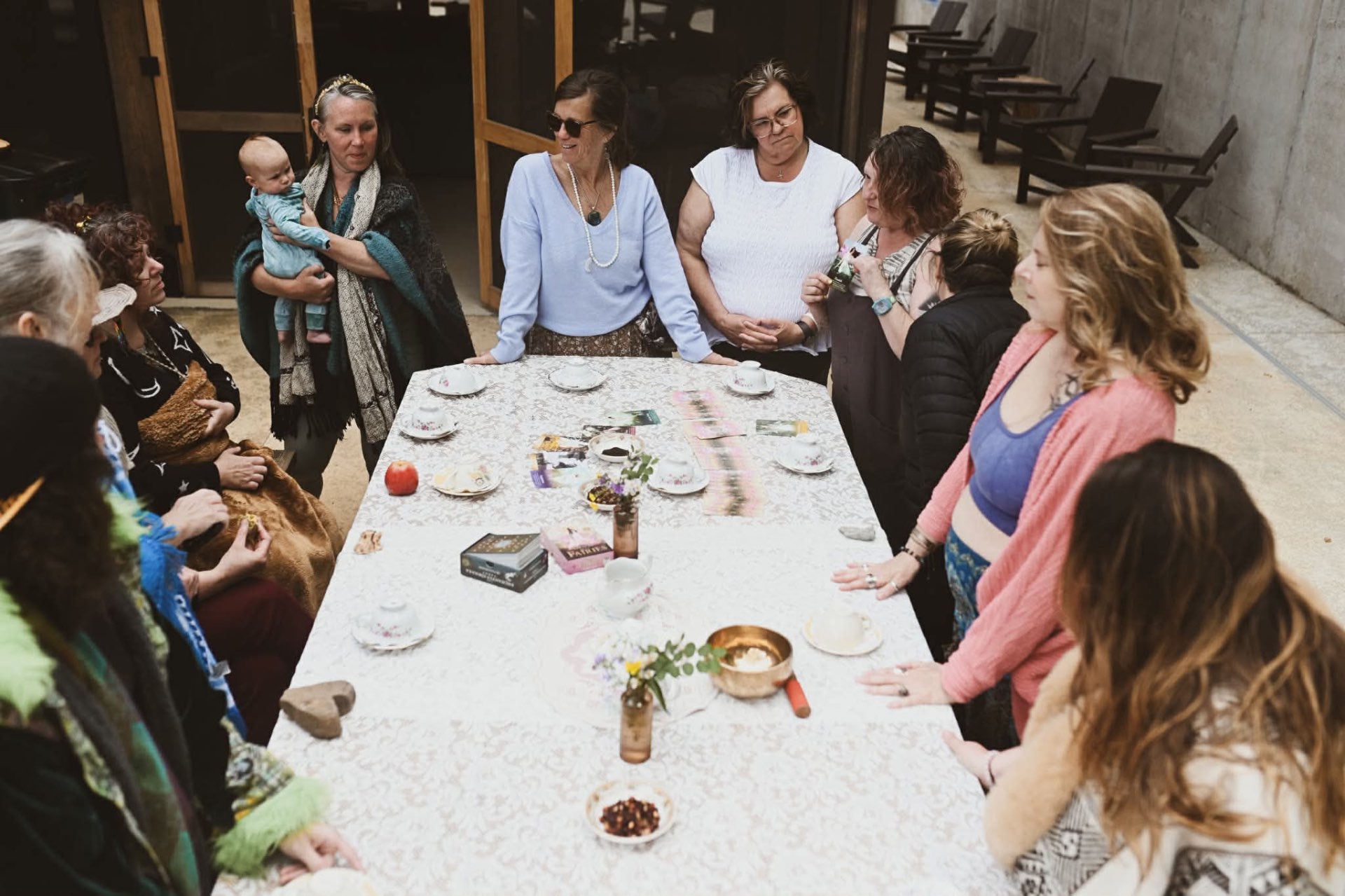 Tea table gathering on the sanctuary porch